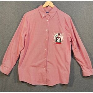 Karen Scott Red Gingham Snowman Embroidered Button Down Shirt Women's Sz Medium